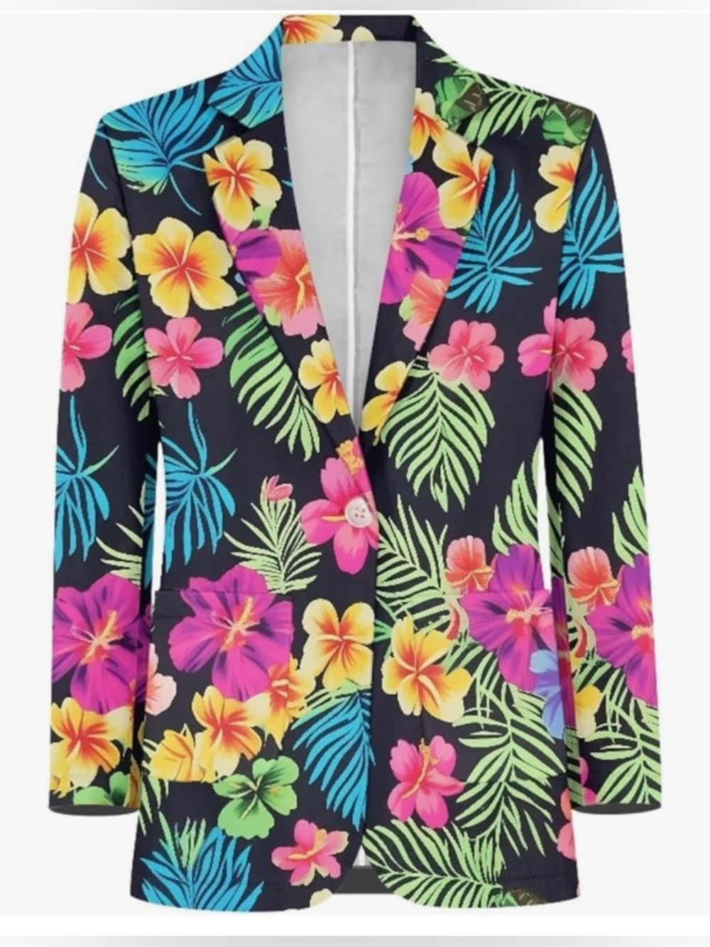 New-Large festival Party Men's Black Tropical Floral Blazer Bold Hibiscus Print - Picture 3 of 5